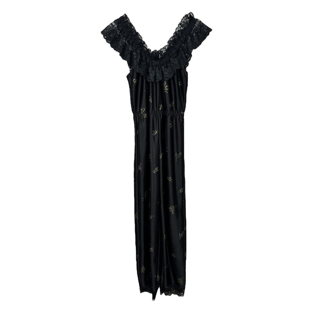 Vintage 70s Dolores For Poirette Black Sleepwear Jumpsuit Medium Lace Gold Satin